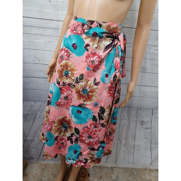 Wrap Skirt Reversible Women Floral Coral Blue Silk Blend Sz M - Picture 6 of 10